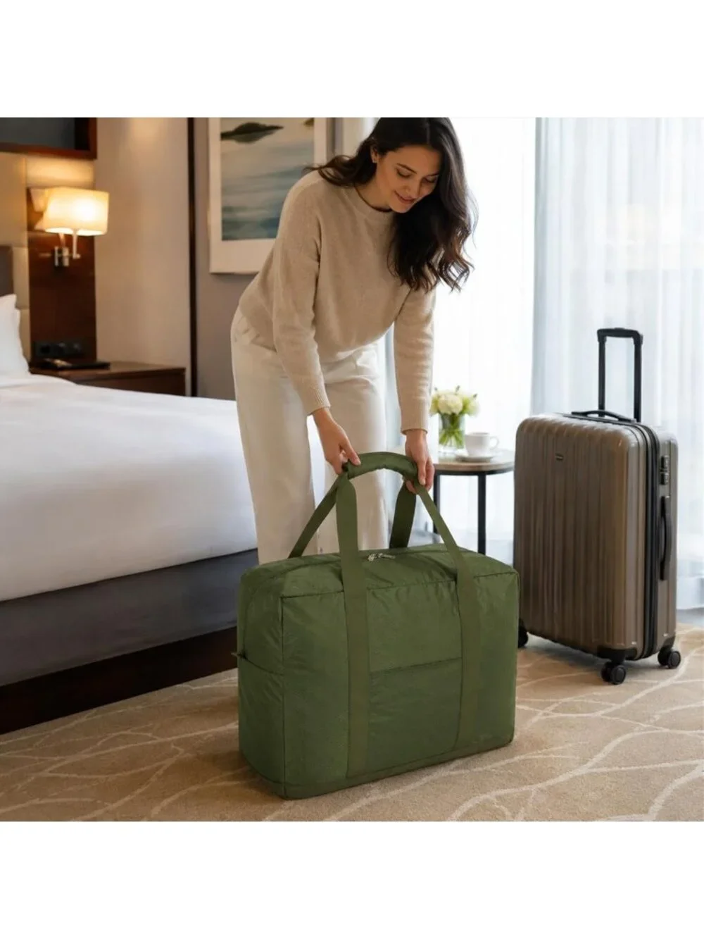 Lightweight Foldable Travel Duffle Bag with Trolley Sleeve, 40L Capacity, Army